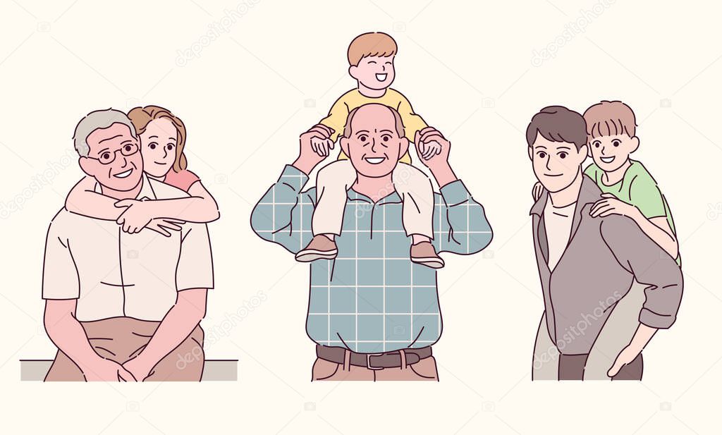 Granddaughter hugs grandpa. Grandpa puts his grandson on his shoulder. Father is carrying his son on his back. hand drawn style vector design illustrations.