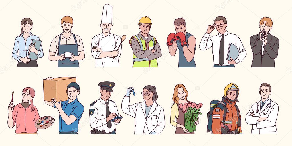 Collection of characters from various professions. hand drawn style vector design illustrations.