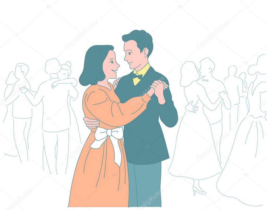 A romantic couple dancing and a lot of people dancing around. hand drawn style vector design illustrations.