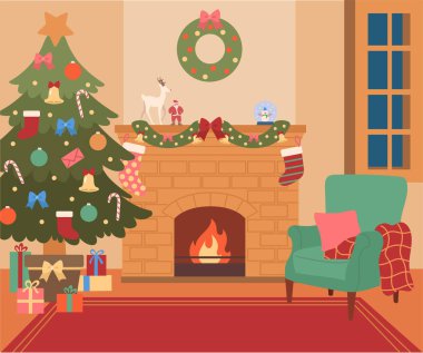The house with a fireplace is decorated for Christmas. hand drawn style vector design illustrations.