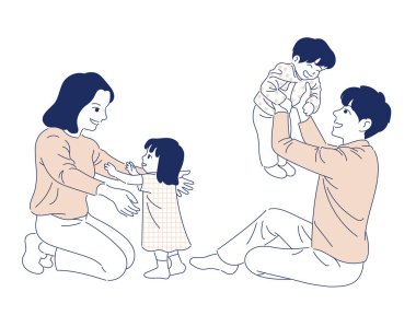 Mom and Dad are sitting on the floor and hugging the children. Happy family concept. hand drawn style vector design illustrations.