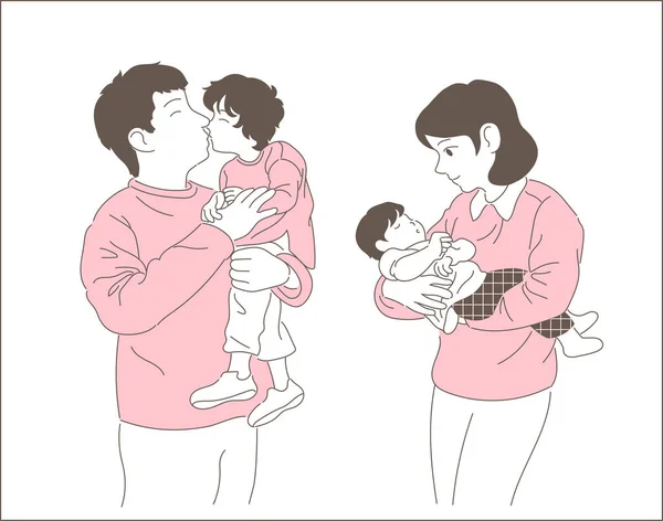 Dad Mom Each Have Young Children Arms Happy Family Concept — Vetor de Stock