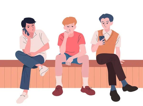 Three Boys Sitting Smartphones Hand Drawn Style Vector Design Illustrations — Archivo Imágenes Vectoriales