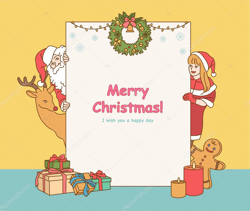 Santa Claus and Rudolph reindeer girl holding a big board with Christmas messages. hand drawn style vector design illustrations.