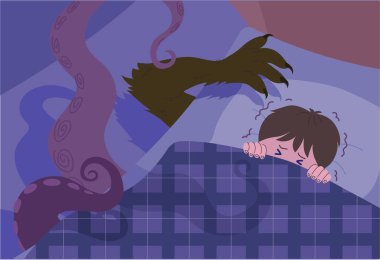 A boy scared to imagine a monster under a bed. hand drawn style vector design illustrations.