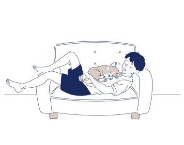 The boy is sleeping lying on the sofa with a cute puppy on his belly. hand drawn style vector design illustrations.