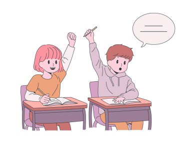 Students studying at school are responding with their hands. hand drawn style vector design illustrations.