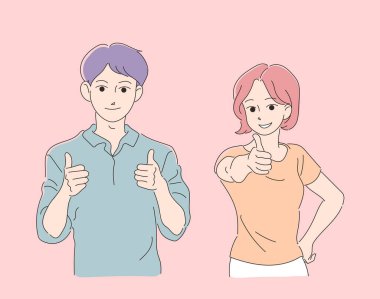 A boy and a girl with thumbs up. hand drawn style vector design illustrations.