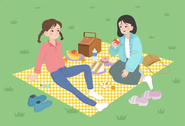 Two Girls Laid Out Lawn Have Picnic Hand Drawn Style — Wektor stockowy