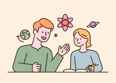 Çocuklar masalarında oturup evde eğitim görüyorlar. düz tasarım biçimi asgari vektör çizimi.