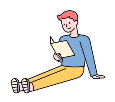 Bir çocuk bacaklarını yere uzatmış oturmuş bir kitap okuyor. düz tasarım biçimi asgari vektör çizimi.