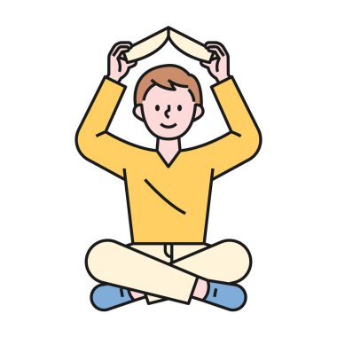 Yerde oturan ve kafasının üstünde bir kitap tutan bir çocuk. düz tasarım biçimi asgari vektör çizimi.