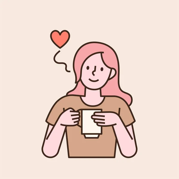 可愛い女がマグカップを手にコーヒーを飲んでいる フラットデザインスタイル最小ベクトルイラスト — ストックベクタ