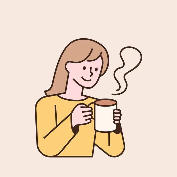 Una Mujer Sostiene Una Taza Caliente Humeante Diseño Plano Estilo — Vector de stock