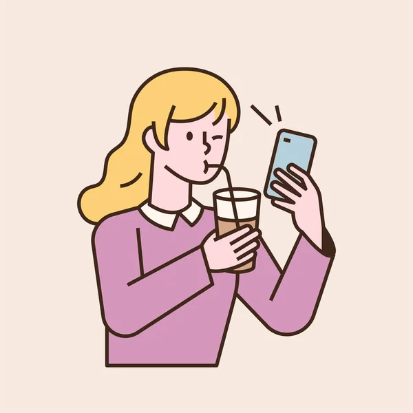 Une Fille Boit Verre Avec Une Paille Regarde Téléphone Illustration — Image vectorielle