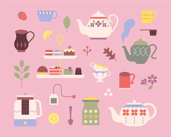 Милый Чайный Сервиз Ретро Узорчатые Чайники Сладкие Десерты Плоский Дизайн — стоковый вектор