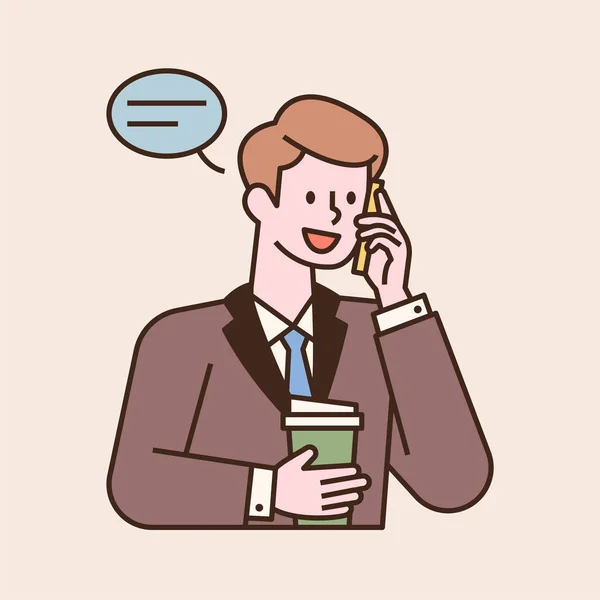 Homme Affaires Costume Est Téléphone Tient Café Dans Une Main — Image vectorielle