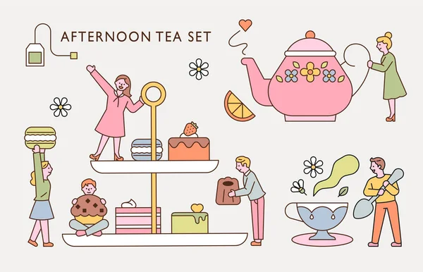 小人物们正在享用下午茶和一套巨大的茶具 平面设计风格最小矢量插图 — 图库矢量图片
