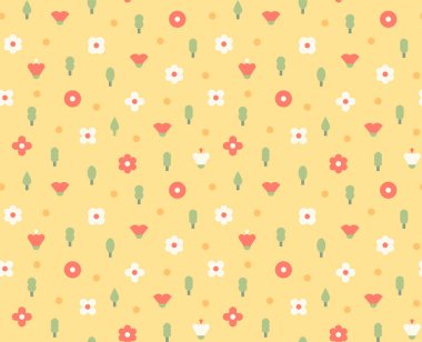 Sarı arka planda sevimli, basit bir çiçek deseni. Basit desen tasarım şablonu.