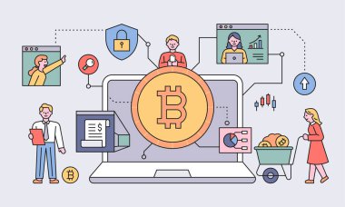 İnsanlar büyük dizüstü bilgisayarların etrafında bitcoin stokları yapıyor. düz tasarım biçimi asgari vektör çizimi.