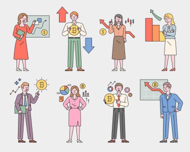 Bitcoin grafiğini açıklayan yatırım uzmanları. düz tasarım biçimi asgari vektör çizimi.
