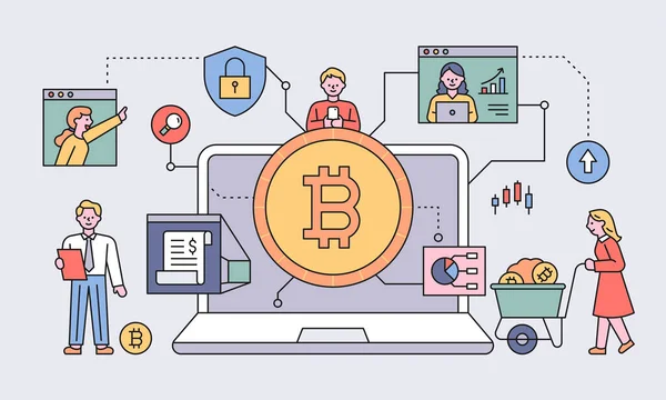 İnsanlar büyük dizüstü bilgisayarların etrafında bitcoin stokları yapıyor. düz tasarım biçimi asgari vektör çizimi.