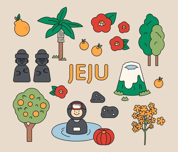 Jeju Islands Symboler Och Ikoner Beskriva Enkel Vektor Illustration — Stock vektor