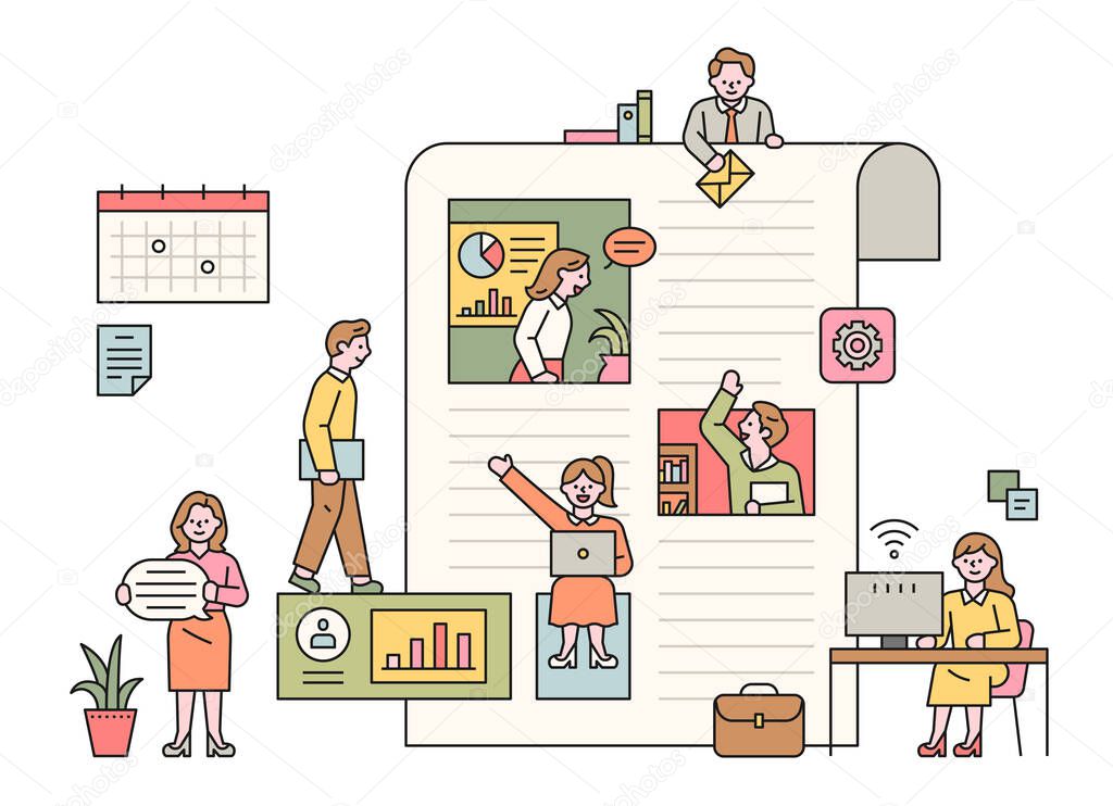 Business people working inside and outside a large paper layout. flat design style minimal vector illustration.