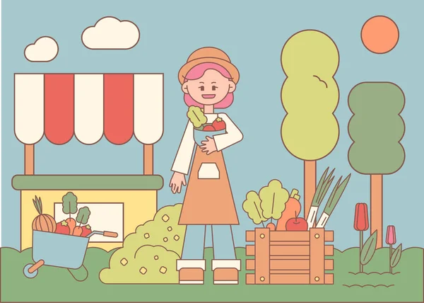 Önlük Giyen Bir Kadın Taze Sebze Meyve Satıyor Düz Tasarım — Stok Vektör