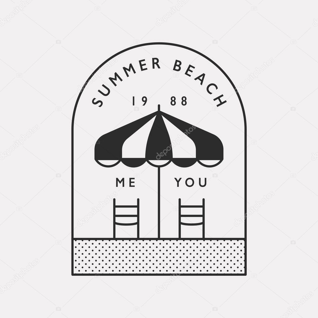 Summer beach umbrella and two beach chairs. Black color hipster design illustration logo.