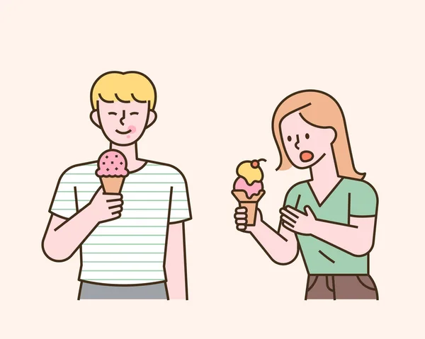 Ein Mann Und Eine Frau Essen Eistüten Ihren Händen Flaches — Stockvektor