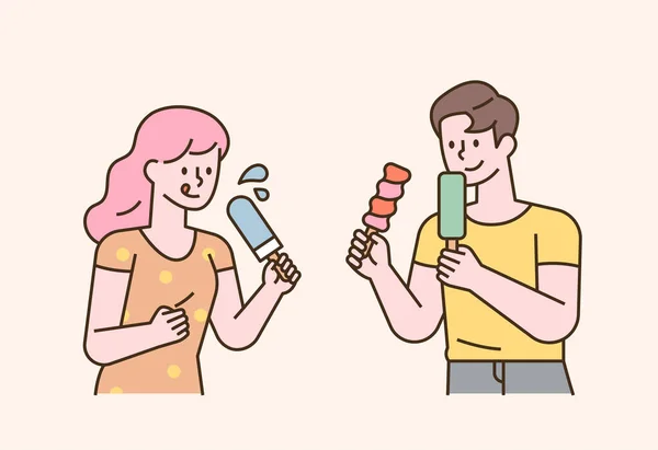 Gente Come Palitos Helado Diseño Plano Estilo Mínima Ilustración Vectorial — Archivo Imágenes Vectoriales