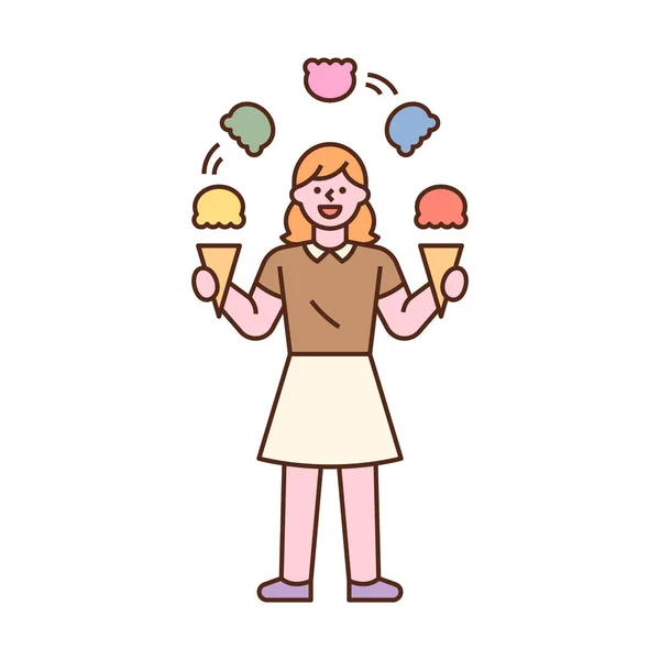 女性がアイスクリームをジャグリングしている フラットデザインスタイル最小ベクトルイラスト — ストックベクタ