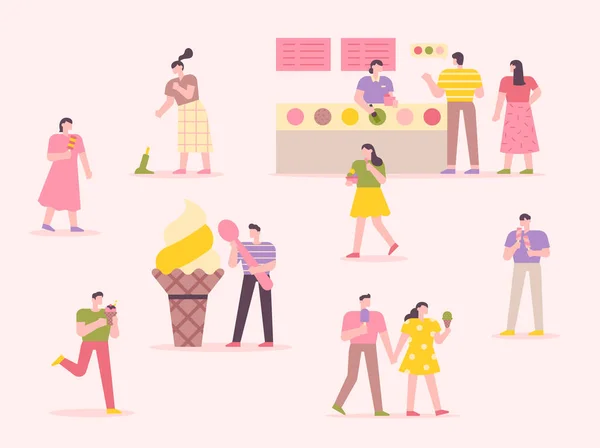 Багато Людей Їдять Морозиво Магазин Морозива Рожевим Фоном Стиль Плоского — стоковий вектор