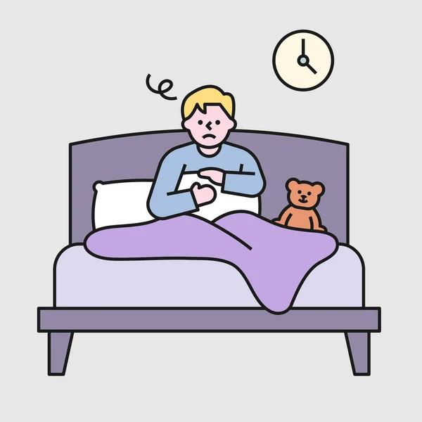 Ein Mann Sitzt Bett Und Schläft Wegen Schlaflosigkeit Ein Flaches — Stockvektor