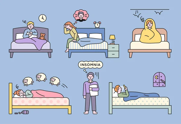 Personas Que Sufren Insomnio Debido Varios Problemas Diseño Plano Estilo — Archivo Imágenes Vectoriales