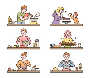 İnsanlar her masada farklı yemekler pişiriyor. düz tasarım biçimi asgari vektör çizimi.