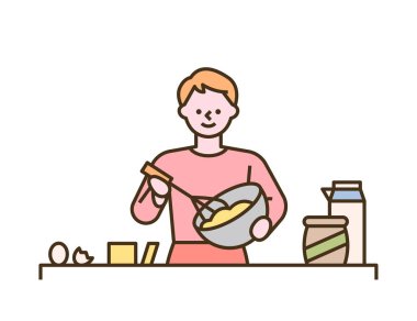 Bir adam bir kâseyle kırbaçlanırken ekmek yapıyor. düz tasarım biçimi asgari vektör çizimi.