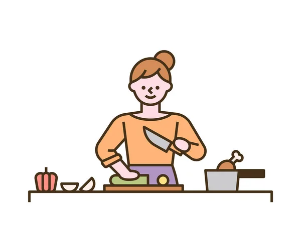 Μια Γυναίκα Μαγειρεύει Κόβοντας Λαχανικά Ένα Ξύλο Κοπής Επίπεδη Σχεδίαση — Διανυσματικό Αρχείο