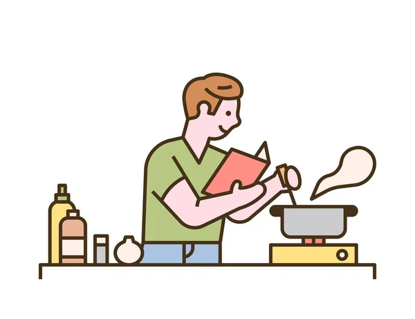 Hombre Está Cocinando Mientras Mira Libro Recetas Diseño Plano Estilo — Vector de stock