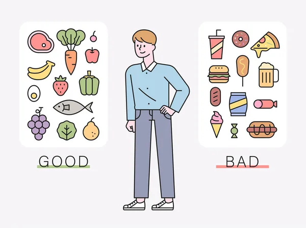 Homme Trie Les Aliments Diététiques Les Aliments Riches Calories Illustration — Image vectorielle