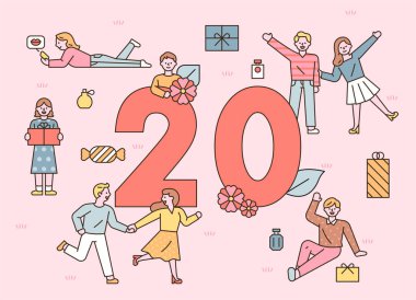 İnsanlar 20 numaranın etrafında kutlama yapıyorlar. Düz tasarım tarzı minimal çizim..