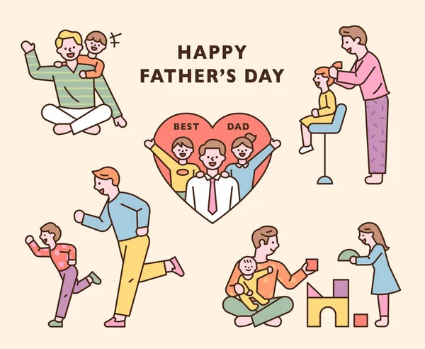 Buen Padre Está Jugando Con Los Niños Diseño Plano Estilo — Vector de stock