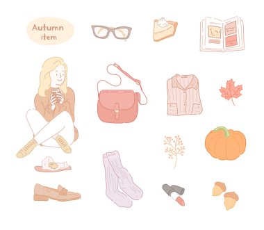 A girl drinking a hot drink and a collection of autumn items. hand drawn style vector design illustrations.