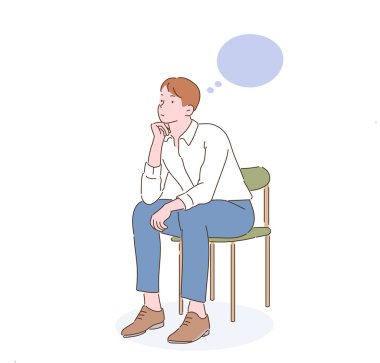 A man sitting on a chair and thinking. hand drawn style vector design illustrations.