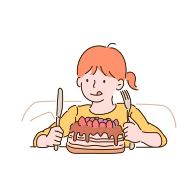 A little girl is looking at a cake with a fork and knife in her hands. hand drawn style vector design illustrations.