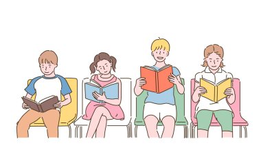 Cute children sitting on chairs and reading books. hand drawn style vector design illustrations.