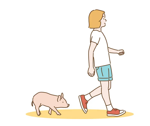 Girl Walking Cute Little Pig Hand Drawn Style Vector Design — Vetor de Stock