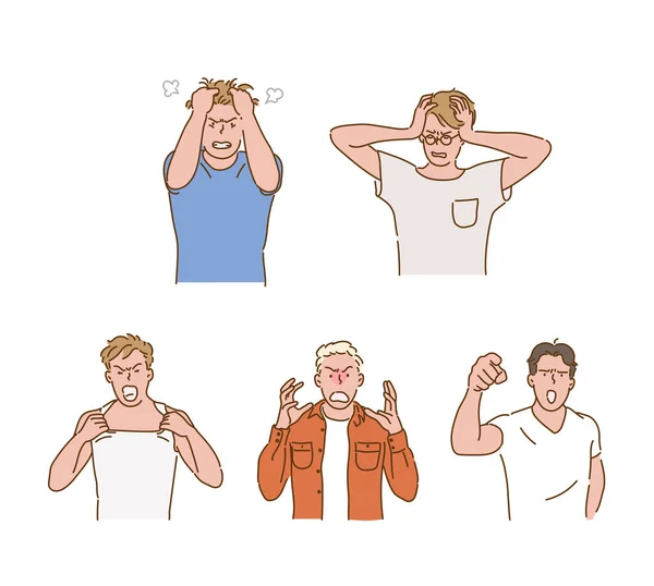 Stressed Angry Male Character Hand Drawn Style Vector Design Illustrations — Vector de stock