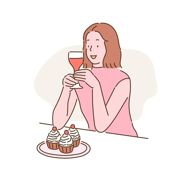 Woman Drinking Wine Cupcake Front Her Hand Drawn Style Vector — Image vectorielle